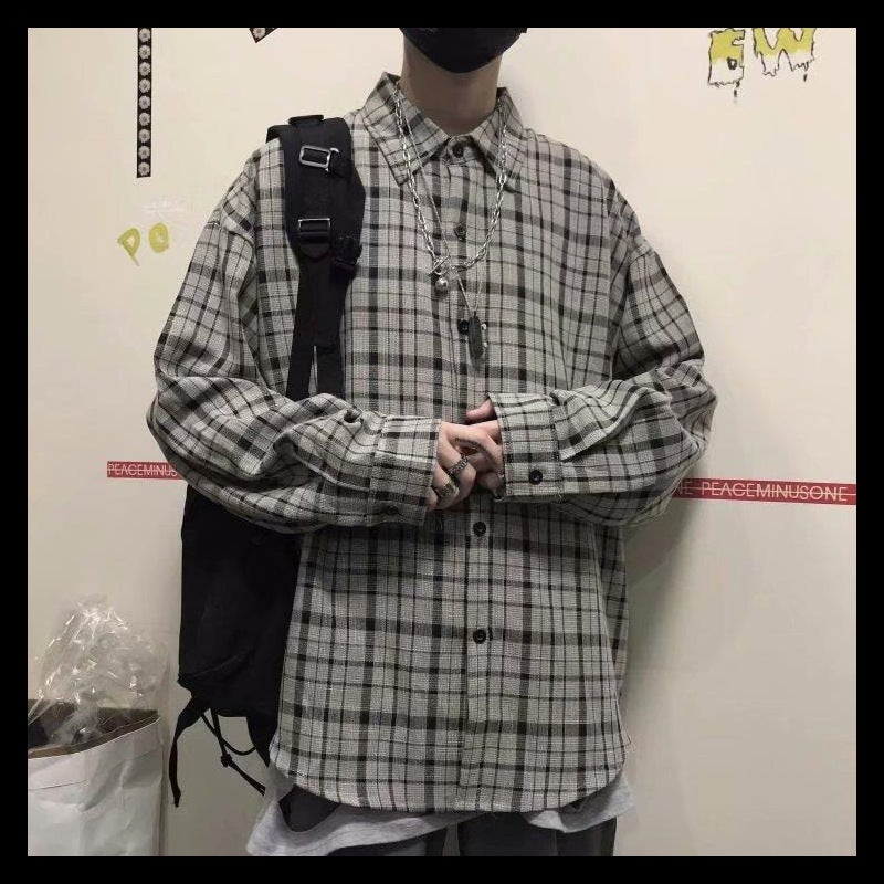 Autumn Casual Plaid Shirt Loose Couples Outwear Gray high-end