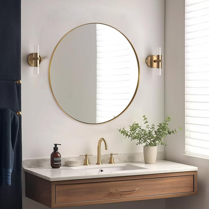 26 INCH ROUND MIRROR BRASS BATHROOM MIRROR GOLD CIRCLE MIRROR WITH STAINLESS STEEL FRAME FOR BATHROOM VANITY LIVING ROOM ENTRYWAY