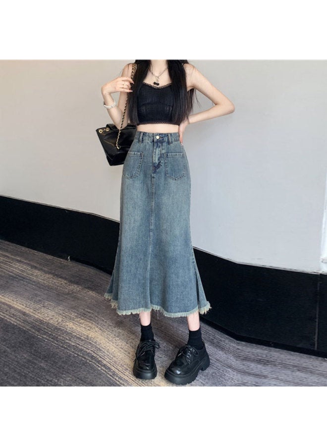 Raw Edge Denim Fishtail Skirt For Women Summer New Design Skirt High Waist Versatile A-line Retro Mid-length Skirt For Women