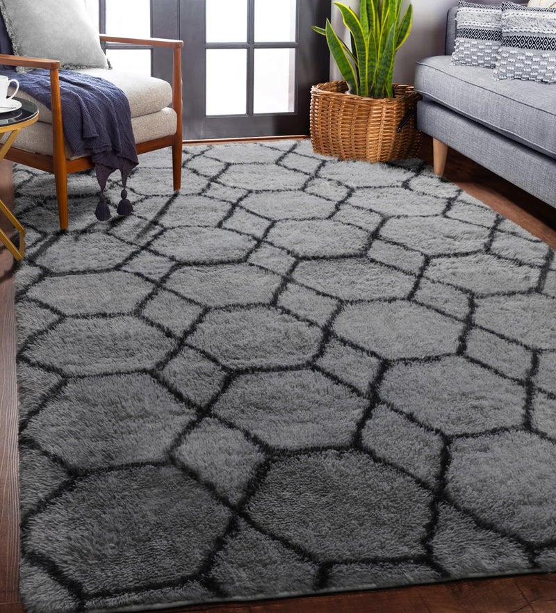 ONASAR 5x7 Area Rugs for Living Room Bedroom, Fluffy Grey and Black Throw Rug, Geometric Boho Soft Plush Shaggy Floor Carpet for Nursery Kids Girls Boys Teen Dorm Home Decor Aesthetic - Image 5
