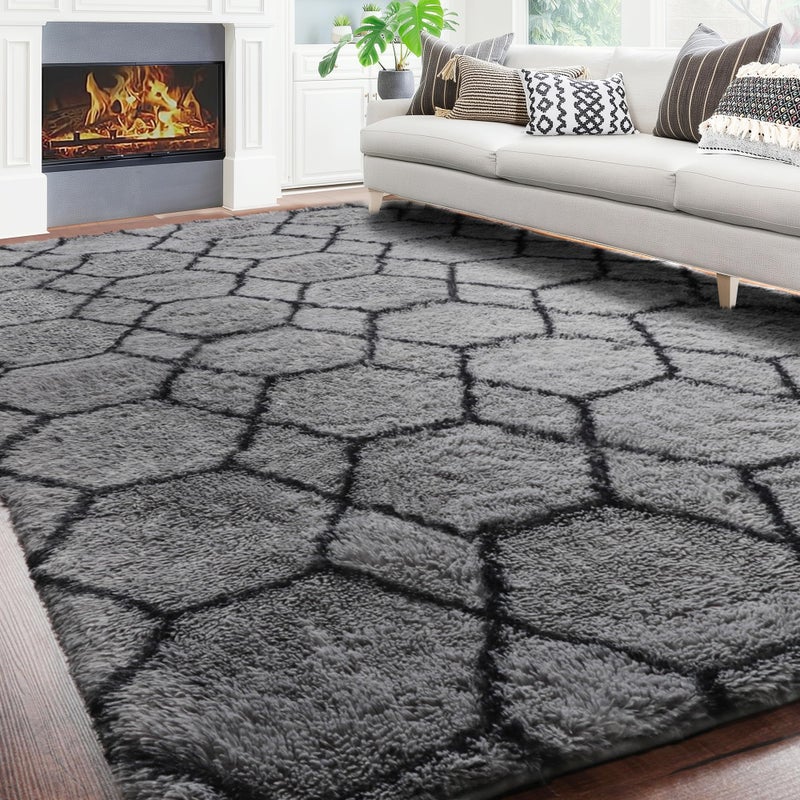 ONASAR 5x7 Area Rugs for Living Room Bedroom, Fluffy Grey and Black Throw Rug, Geometric Boho Soft Plush Shaggy Floor Carpet for Nursery Kids Girls Boys Teen Dorm Home Decor Aesthetic - Image 4