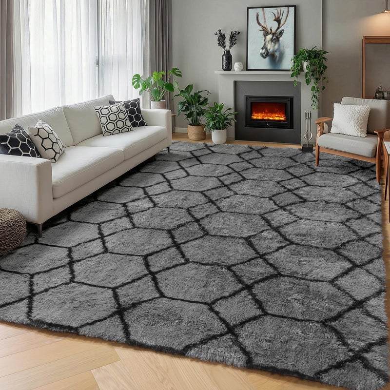 ONASAR 5x7 Area Rugs for Living Room Bedroom, Fluffy Grey and Black Throw Rug, Geometric Boho Soft Plush Shaggy Floor Carpet for Nursery Kids Girls Boys Teen Dorm Home Decor Aesthetic - Image 1