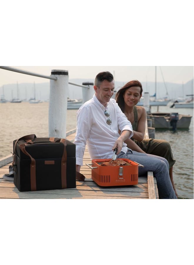 Everdure CUBE Portable Charcoal Grill Carrying Bag, Leather & Velcro Straps, Multiple Storage Compartments, Easy Portability for Camping, Tailgating, and More, Black, 16.3"L x 13.9"W x 13.7”H - Image 4