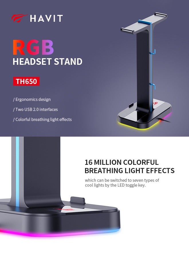 havit RGB Headphone Holder with 2 USB 2.0 Ports Colorful Breathing Light Effects, Headphones Stand for Home and Office  - Image 2