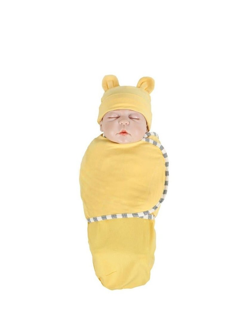 Newborn Baby Anti-startle Wrap Towel Baby Wrap Blanket Cotton Baby Fetal Cap + Sleeping Bag 0-3 Months Rabbit Ear Cap Yellow - Image 1