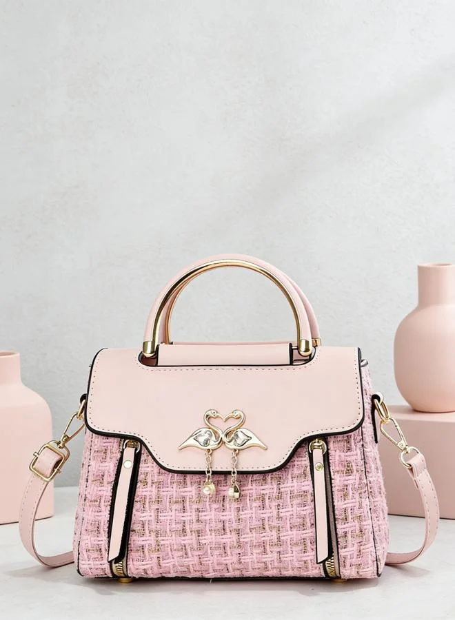 Take Two Pink Tweed Look Handbag with Swan Detail