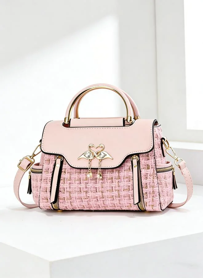 Take Two Pink Tweed Look Handbag with Swan Detail