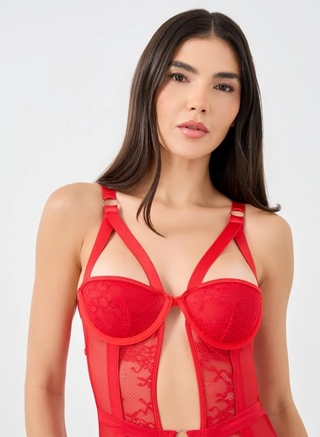 تايك تو Take Two Lace Patchwork Padded Wired Ruffle Hem Bodysuit with Garter