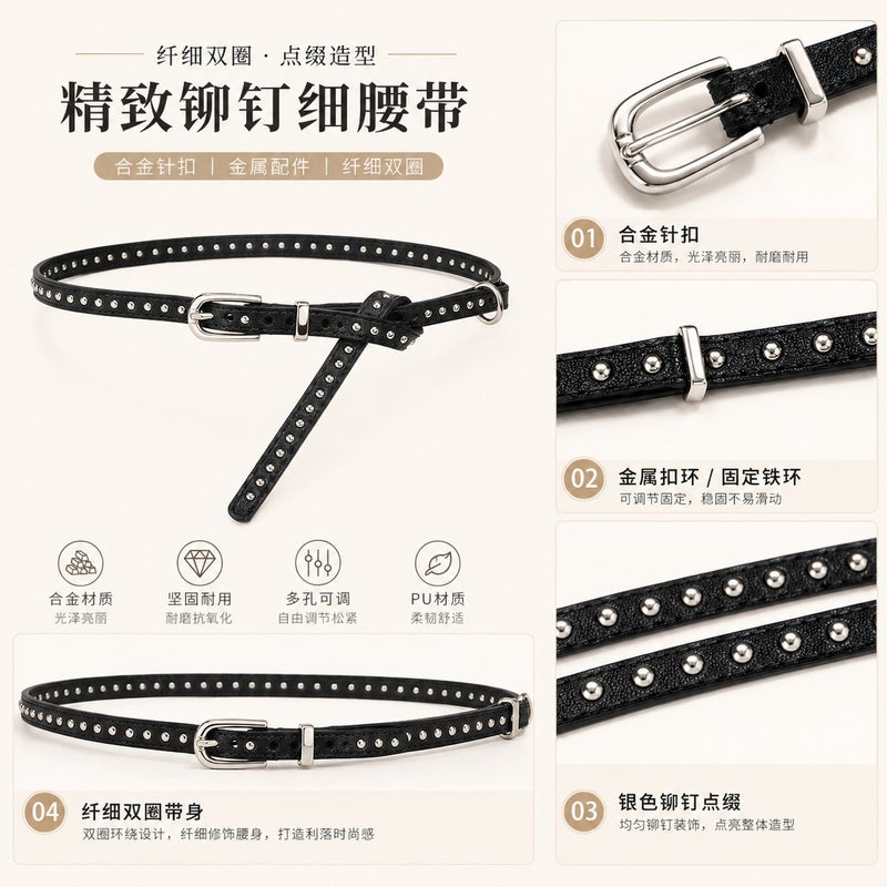 Punk Style Double Layer Rivet Thin Belt - Image 3