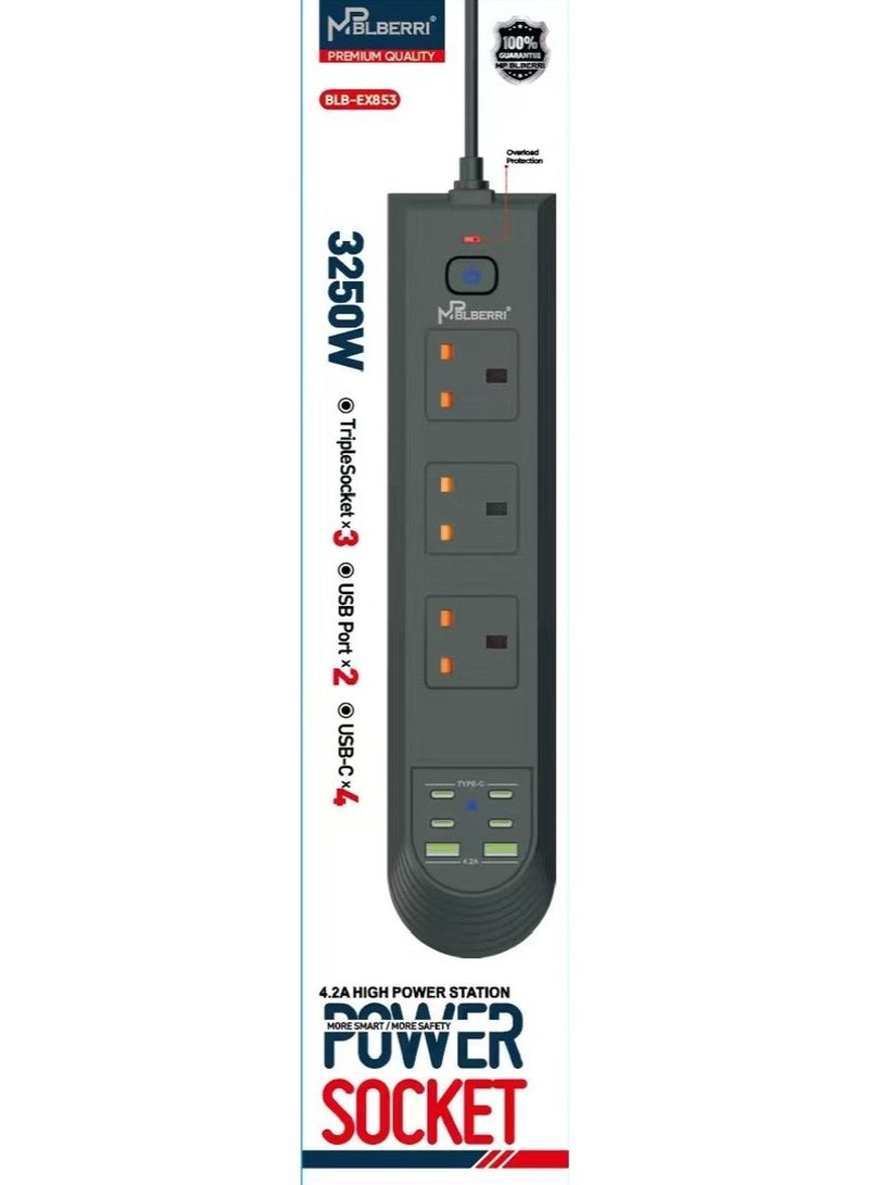 mpBLBERRI MP BLBERRI 3250W Power Extension Socket with USB & Type-C Ports – 3 AC Outlets, 2 USB, 4 USB-C Fast Charging – Overload Protection Power Strip – BLB-EX853 - Image 1