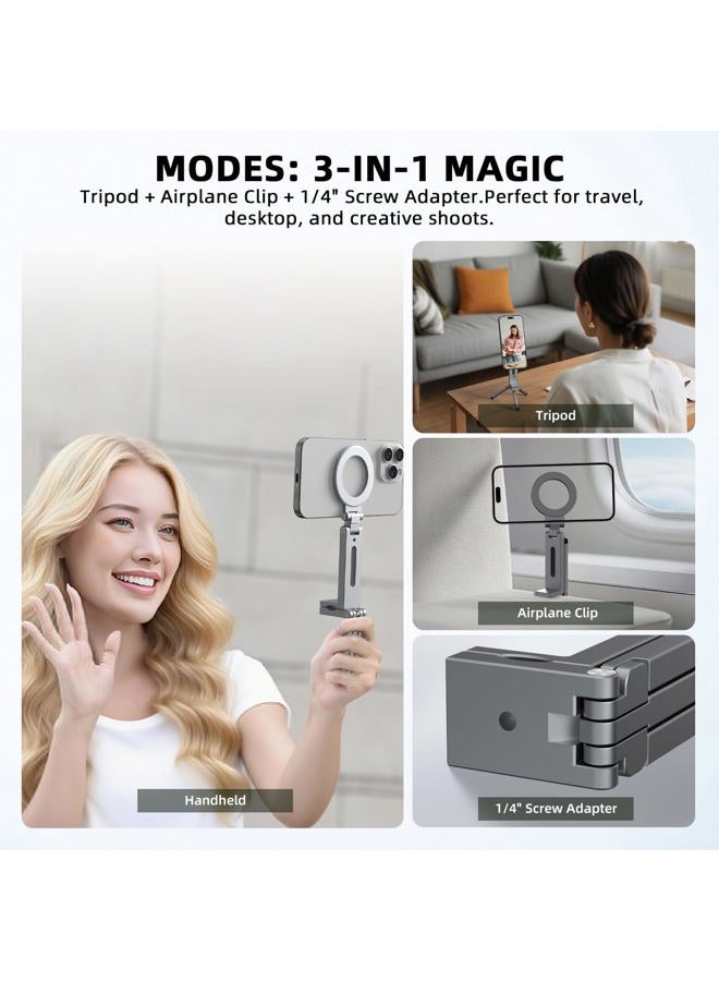 BRDRC Magnetic Tripod for iPhone, Airplane Phone Holder for MagSafe Selfie Stick Adapter Travel Foldable Clip Clamp Plane Desktop Stand for iPhone 16 15 14 13 12 Pro Max Mini Accessories - Image 2