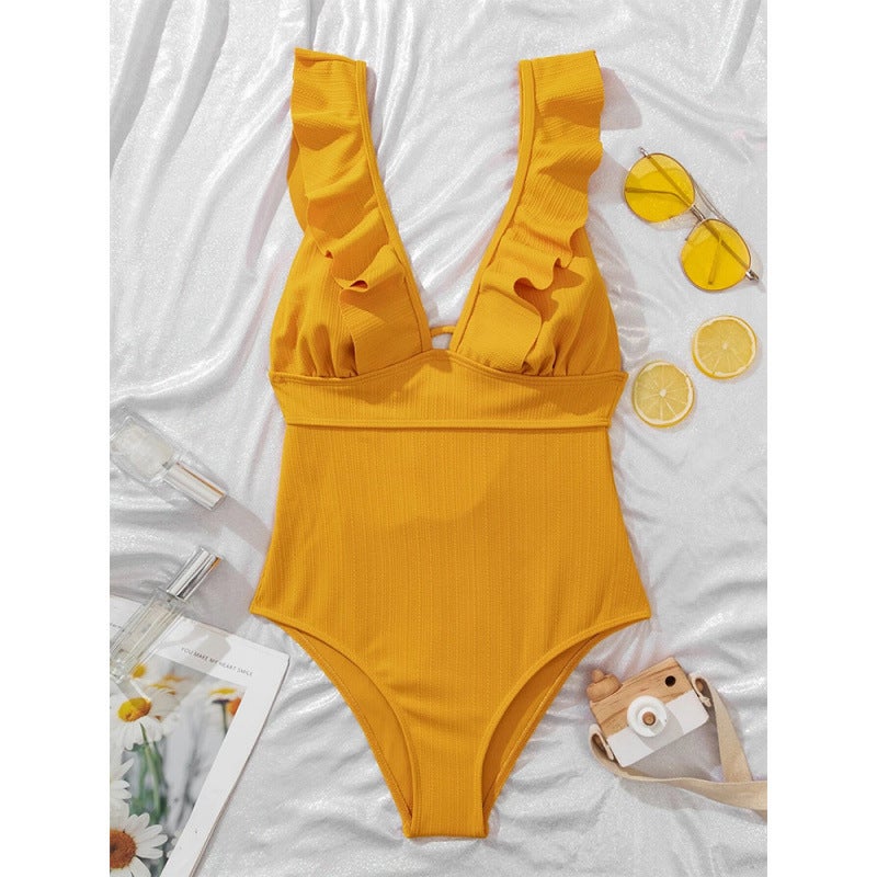Special Fabric Pure Color Flying Edge Backless One-Piece Bikini Swimsuit Japanese And Korean Casual Trend - Image 1