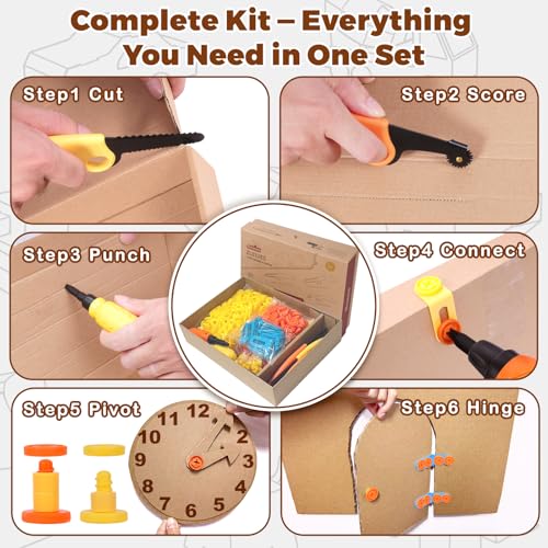 ZLemma Cardboard Construction Kit - 401 PCS Kids Building Set with Safe Serrated Cutter, Crease Roller, Screws & Nuts, STEM Upcycled Tool for DIY Cardboard Projects, Engineering & Creativity - Image 4