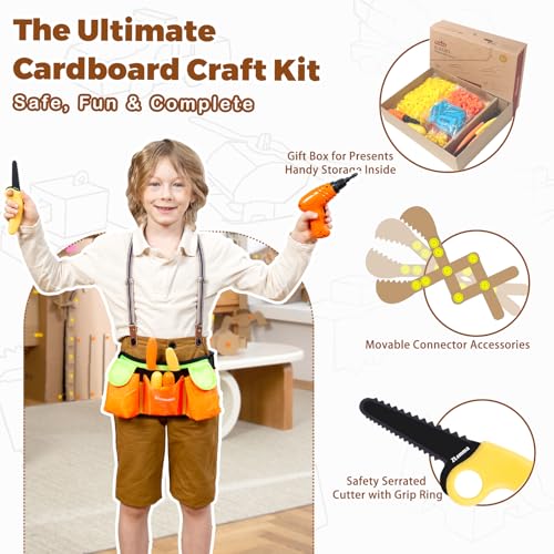 ZLemma Cardboard Construction Kit - 401 PCS Kids Building Set with Safe Serrated Cutter, Crease Roller, Screws & Nuts, STEM Upcycled Tool for DIY Cardboard Projects, Engineering & Creativity - Image 5