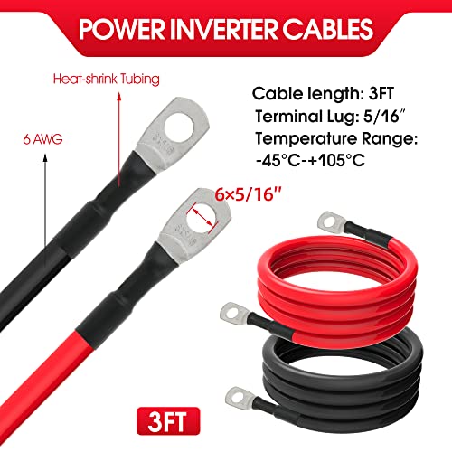 TUELETFU كابلات بطارية 6 AWG كابل طاقة العاكس 6 قياس مع لقم نحاسية مغطاة بالقصدير بحجم 5/16 بوصة في كلا الطرفين للسفن البحرية والقوارب والسيارات والدراجات النارية 2 قطعة (3 أقدام) - Image 2