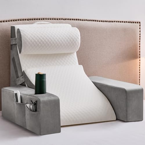 Paxato Reading Pillow for Sitting in Bed Adult, Back Pillow for Bed Sitting up with Arms, Pockets and Cup holder, Sit Up Backrest Pillows for Beds Chair Support, Rest Pillow for Gaming (Light gray, 5PCS) - Image 1