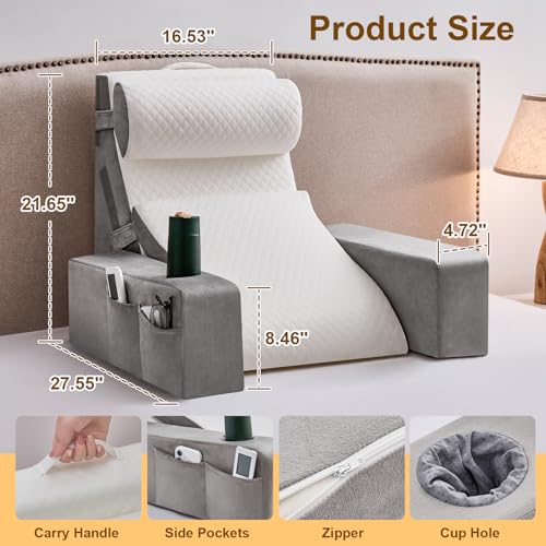 Paxato Reading Pillow for Sitting in Bed Adult, Back Pillow for Bed Sitting up with Arms, Pockets and Cup holder, Sit Up Backrest Pillows for Beds Chair Support, Rest Pillow for Gaming (Light gray, 5PCS) - Image 2