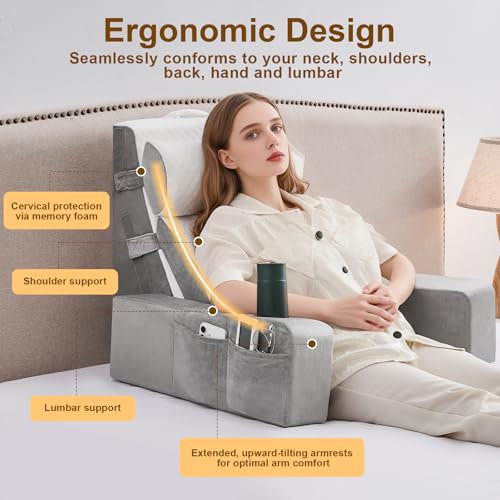 Paxato Reading Pillow for Sitting in Bed Adult, Back Pillow for Bed Sitting up with Arms, Pockets and Cup holder, Sit Up Backrest Pillows for Beds Chair Support, Rest Pillow for Gaming (Light gray, 5PCS) - Image 5