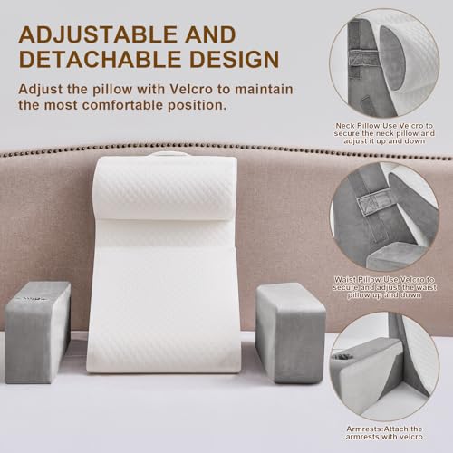 Paxato Reading Pillow for Sitting in Bed Adult, Back Pillow for Bed Sitting up with Arms, Pockets and Cup holder, Sit Up Backrest Pillows for Beds Chair Support, Rest Pillow for Gaming (Light gray, 5PCS) - Image 3