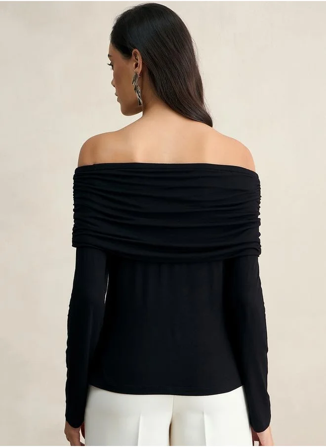 فيميلا Solid Knit Off-Shoulder Neck Top