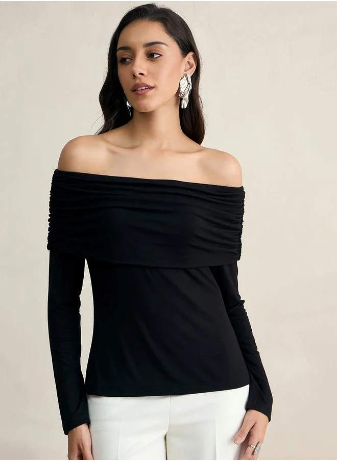 فيميلا Solid Knit Off-Shoulder Neck Top