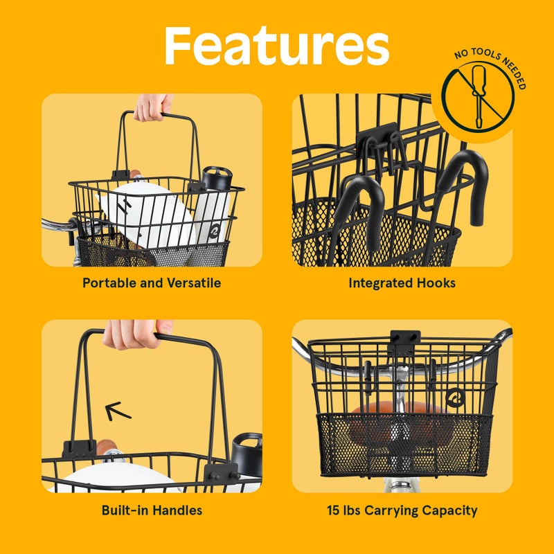 Retrospec Apollo Detachable Front Bike Basket Steel Half-Mesh with Integrated Detachable Hooks and Built-in Handle, Easy Assembly and Portability for Bicycles - Image 3