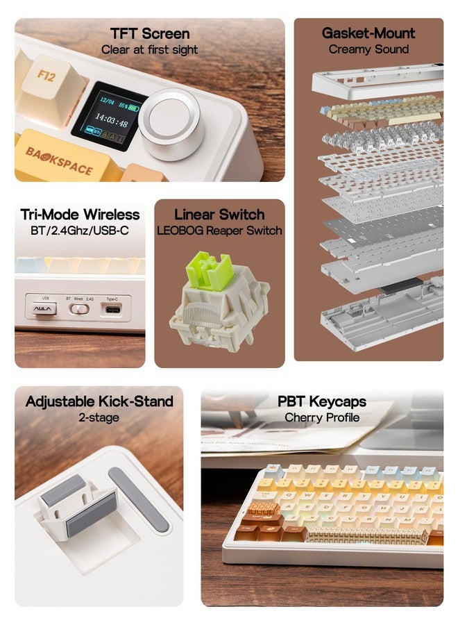 ابوماكر لوحة مفاتيح الألعاب اللاسلكية ثلاثية الأوضاع EPOMAKER X AULA F75 MAX، شاشة TFT، زر تحكم، قابلة للتبديل السريع، 2.4 جيجاهرتز/Type-C/BT5.0، لون كريمي، لأجهزة الكمبيوتر الشخصية/ماك/المكتب/الألعاب (لون الكراميل) - Image 2