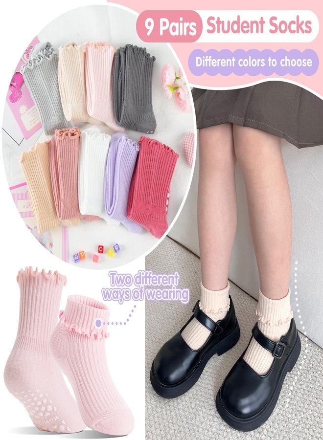 Welwoos Baby Girls Toddlers Ruffle Grips Socks Uniform School Non Slip Anti Skid Dress Frilly Gift Cotton Crew Socks with Grippers 9 Pairs for Kids Stocking Stuffers(Assorted Color,3-5T) - Image 5