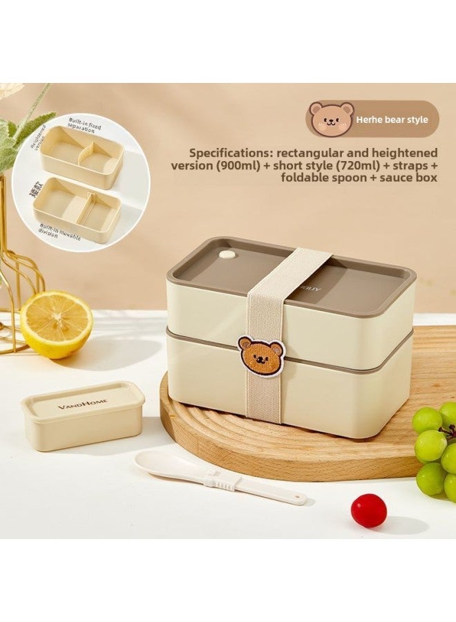Lunch Box For Microwave Oven Heating Quantitative Fat Reduction Office Worker Portable Insulated Lunch Box Student Fresh-keeping Box-Specifications:Hehe Bear [2 Layers 1620ml + Dipping Box] Comes With Folding Spoon  - Image 1