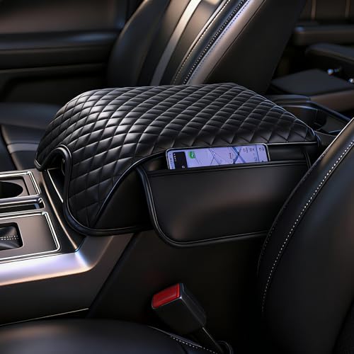 FQMY Center Console Cover Compatible with Ford F150 2015-2020, F250 F350 F450 2017-2022, Expedition 2018-2024, Leather Armrest Cover with Side Pockets, Arm Rest Accessories, Anti-Scratch Cushion (Black) - Image 1