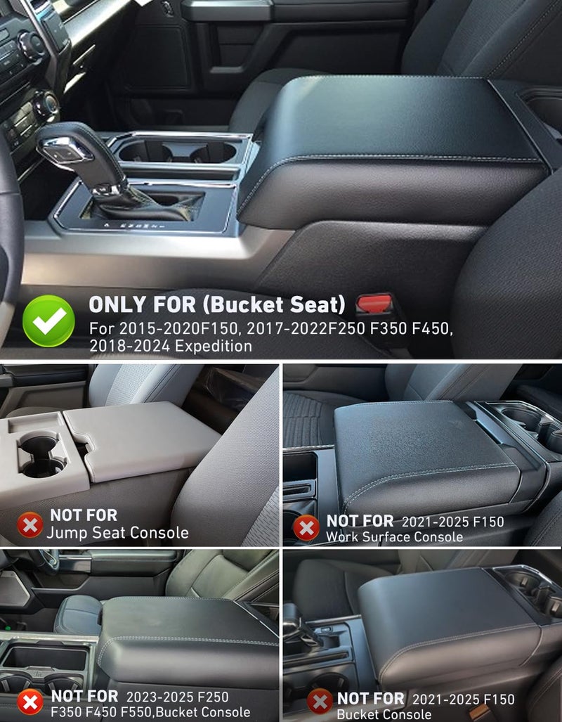 FQMY Center Console Cover Compatible with Ford F150 2015-2020, F250 F350 F450 2017-2022, Expedition 2018-2024, Leather Armrest Cover with Side Pockets, Arm Rest Accessories, Anti-Scratch Cushion (Black) - Image 2