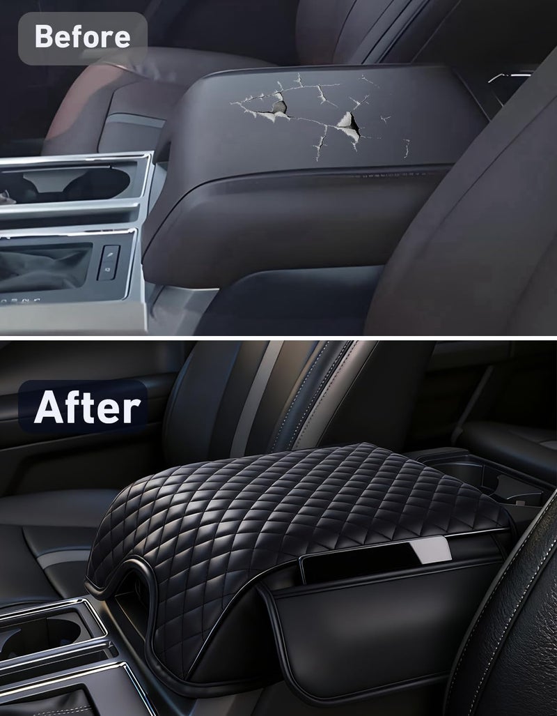 FQMY Center Console Cover Compatible with Ford F150 2015-2020, F250 F350 F450 2017-2022, Expedition 2018-2024, Leather Armrest Cover with Side Pockets, Arm Rest Accessories, Anti-Scratch Cushion (Black) - Image 3