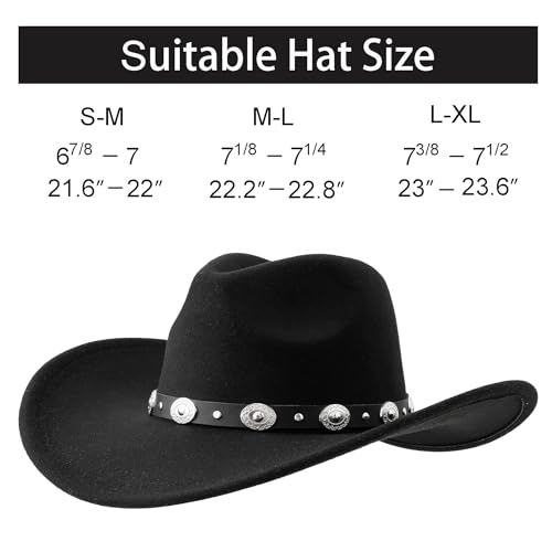 Lanzom Women Men Felt Wide Brim Western Cowboy Hats Belt Buckle Panama Hat(Black, Medium-Large) - Image 3