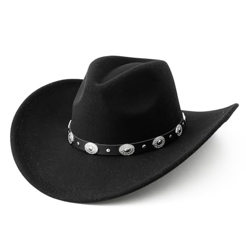 Lanzom Women Men Felt Wide Brim Western Cowboy Hats Belt Buckle Panama Hat(Black, Medium-Large) - Image 1