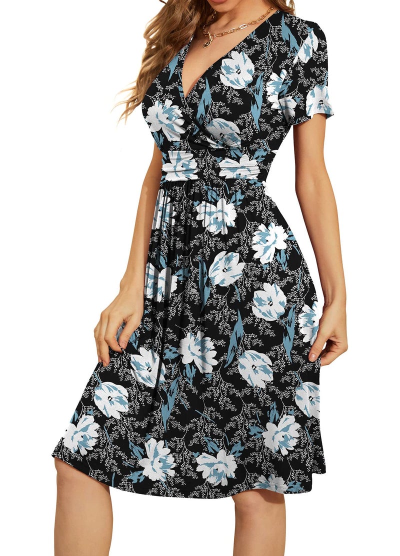 WEACZZY Womens Sundresses Short Sleeve Sexy V Neck Cross Wrap Summer Midi Dresses,Floral Lily,XL - Image 2