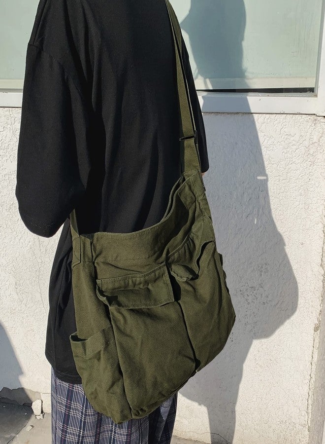 Youjaree Canvas Tote Bag Hobo Crossbody Handbag Big Capacity Messenger Bag with Multiple Pockets Casual Shoulder Bag for Women Men (Army Green) - Image 3