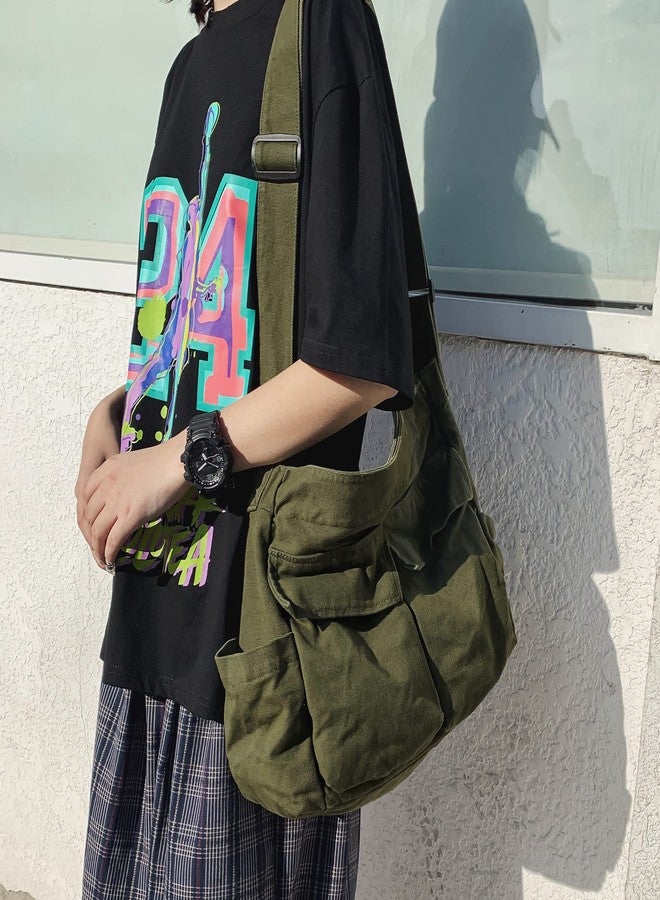 Youjaree Canvas Tote Bag Hobo Crossbody Handbag Big Capacity Messenger Bag with Multiple Pockets Casual Shoulder Bag for Women Men (Army Green) - Image 2