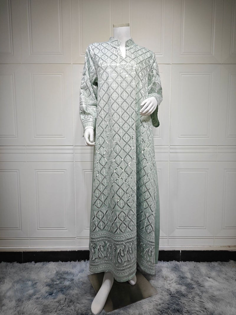 AB512 Embroidered V-Neck Long Sleeve Maxi Dress with Sequins - 2026 New Arrival Women's Fashion