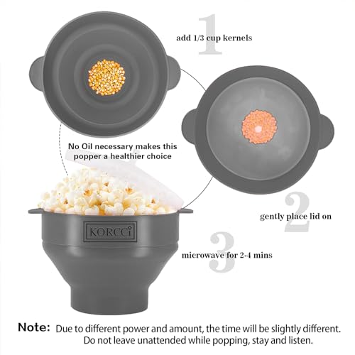 KORCCI The Original Korcci Microwaveable Silicone Popcorn Popper, Microwave Popcorn Popper, Collapsible Microwave Popcorn Maker Bowl, No Oil Needed, Use In Microwave, Dishwasher Safe (Grey) - Image 2