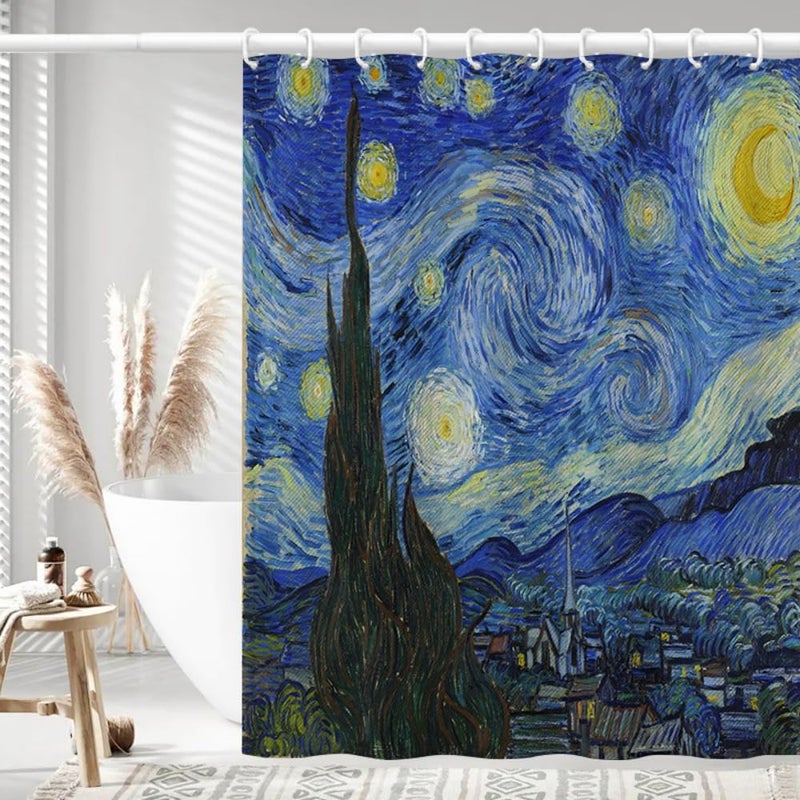 IcosaMro Starry Night Shower Curtain for Bathroom with Hooks Van Gogh Stars Art Decorative Long Cloth Fabric Shower Curtain Bath Decorations  71Wx72L Blue