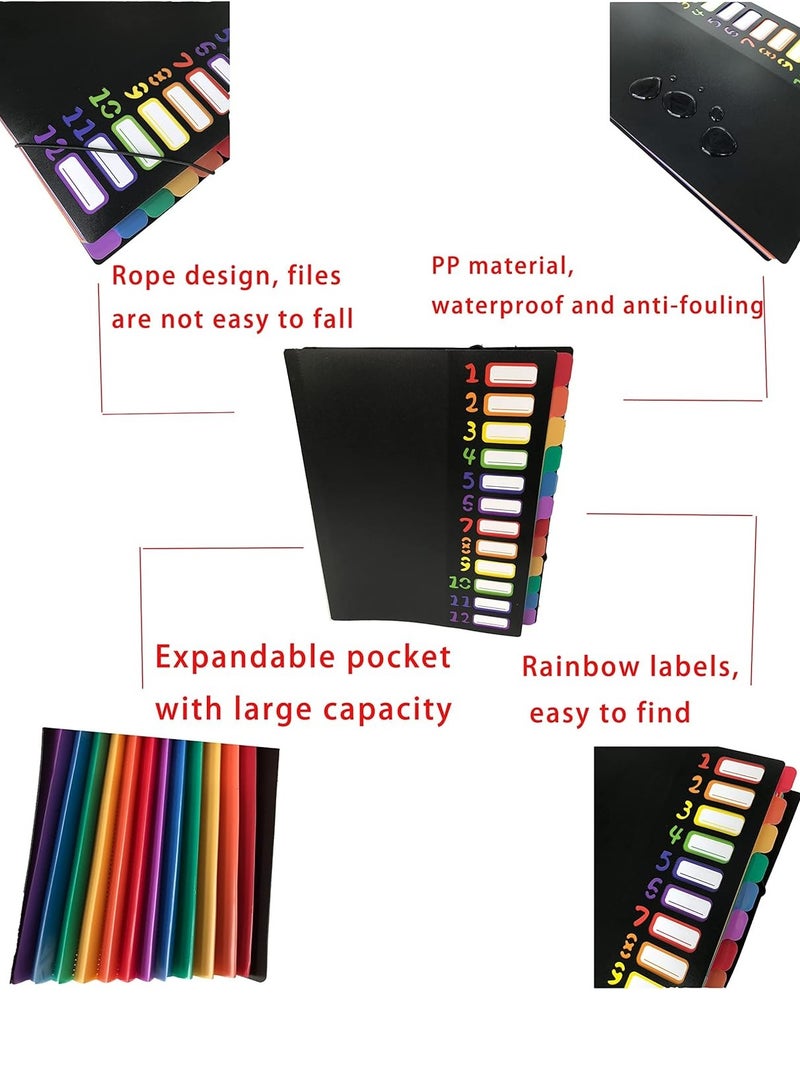 DUNISO مجلدات ملونة، منظم ملفات أكورديون بغطاء أسود مع 24 جيب، حجم A4 يناسب 240 ورقة، مع علامات قوس قزح مناسبة للمدرسة والمكتب والسفر - Image 3