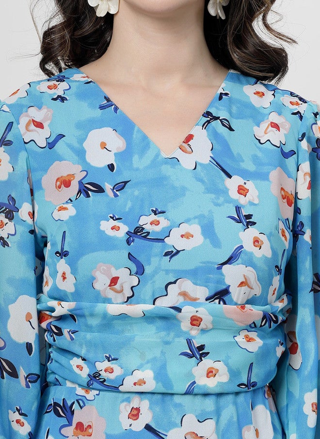 PlusS Blue Floral Printed V-Neck Flared Sleeve Wrap Dress - Image 2