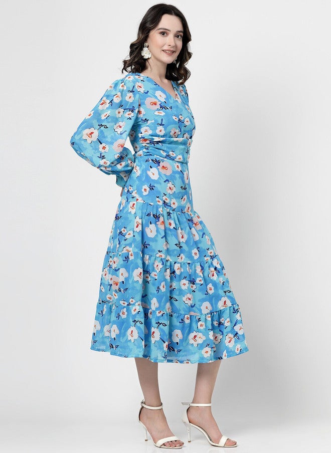 PlusS Blue Floral Printed V-Neck Flared Sleeve Wrap Dress - Image 3