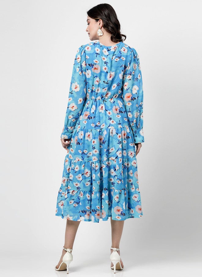 PlusS Blue Floral Printed V-Neck Flared Sleeve Wrap Dress - Image 5