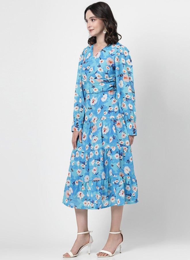 PlusS Blue Floral Printed V-Neck Flared Sleeve Wrap Dress - Image 4