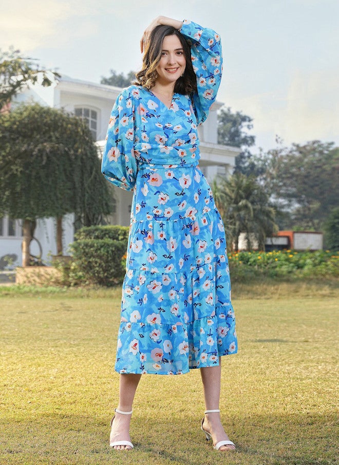 PlusS Blue Floral Printed V-Neck Flared Sleeve Wrap Dress - Image 1