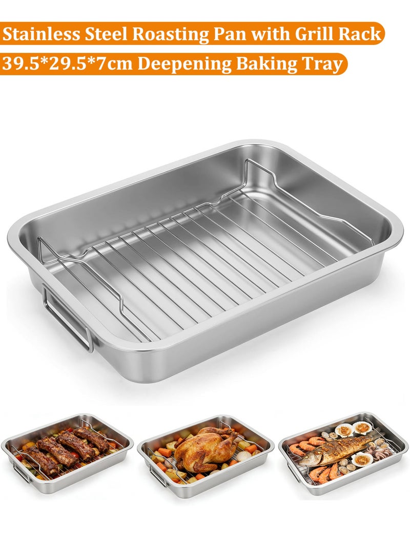 2.8in Deep Roasting Pan with Grill Rack and Handle, Stainless Steel Broiling Pan with Flat Rack, Heavy Duty Baking Pan With Handles, Roasting Oven Pan, High Sided Roast Tray for Chicken, Beef, Vegetable, Lasagna, Dishwasher Safe Roaster - Image 1
