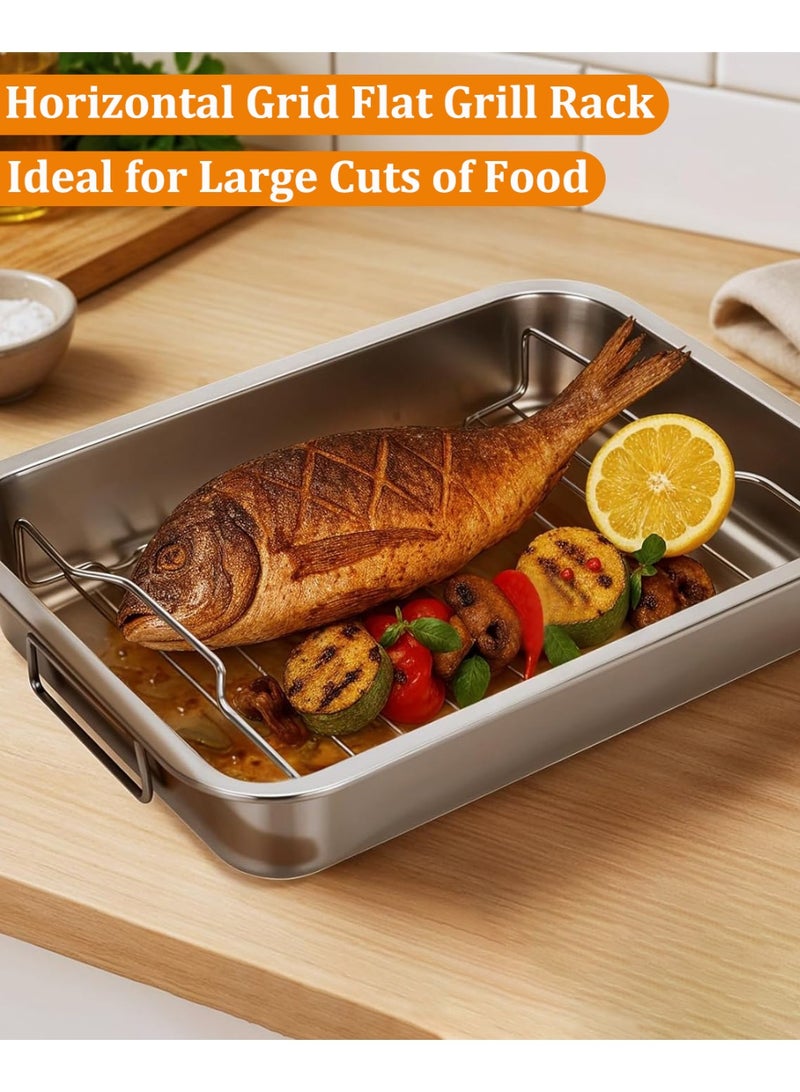 2.8in Deep Roasting Pan with Grill Rack and Handle, Stainless Steel Broiling Pan with Flat Rack, Heavy Duty Baking Pan With Handles, Roasting Oven Pan, High Sided Roast Tray for Chicken, Beef, Vegetable, Lasagna, Dishwasher Safe Roaster - Image 4