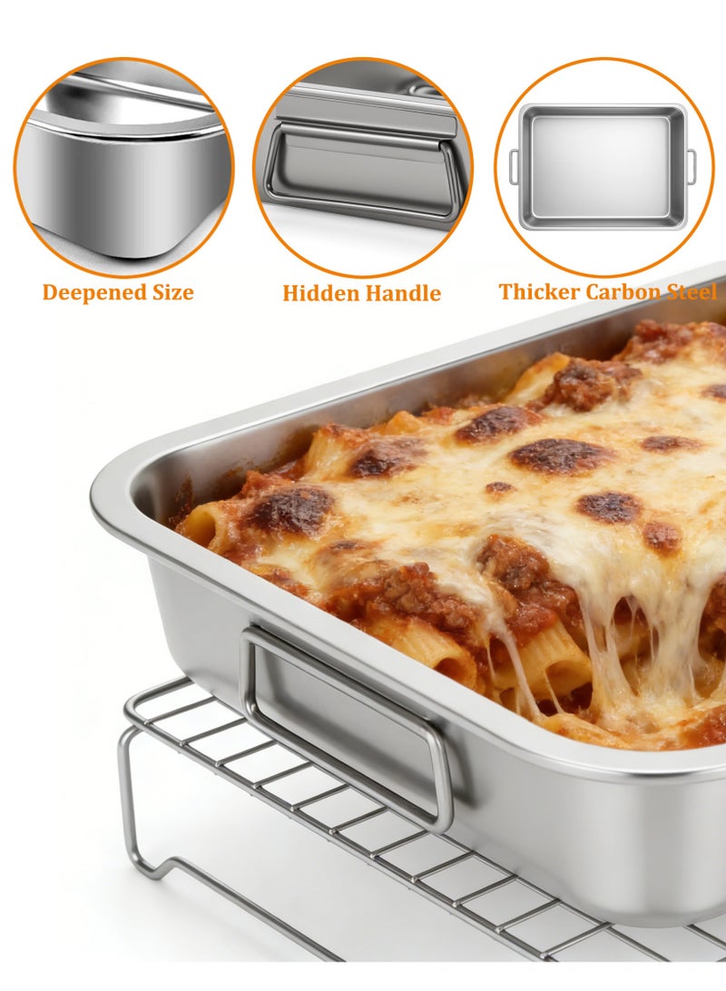 2.8in Deep Roasting Pan with Grill Rack and Handle, Stainless Steel Broiling Pan with Flat Rack, Heavy Duty Baking Pan With Handles, Roasting Oven Pan, High Sided Roast Tray for Chicken, Beef, Vegetable, Lasagna, Dishwasher Safe Roaster - Image 2