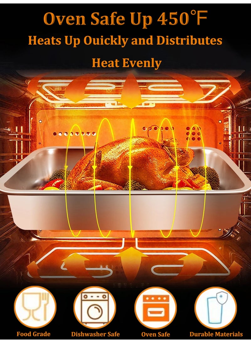 2.8in Deep Roasting Pan with Grill Rack and Handle, Stainless Steel Broiling Pan with Flat Rack, Heavy Duty Baking Pan With Handles, Roasting Oven Pan, High Sided Roast Tray for Chicken, Beef, Vegetable, Lasagna, Dishwasher Safe Roaster - Image 3
